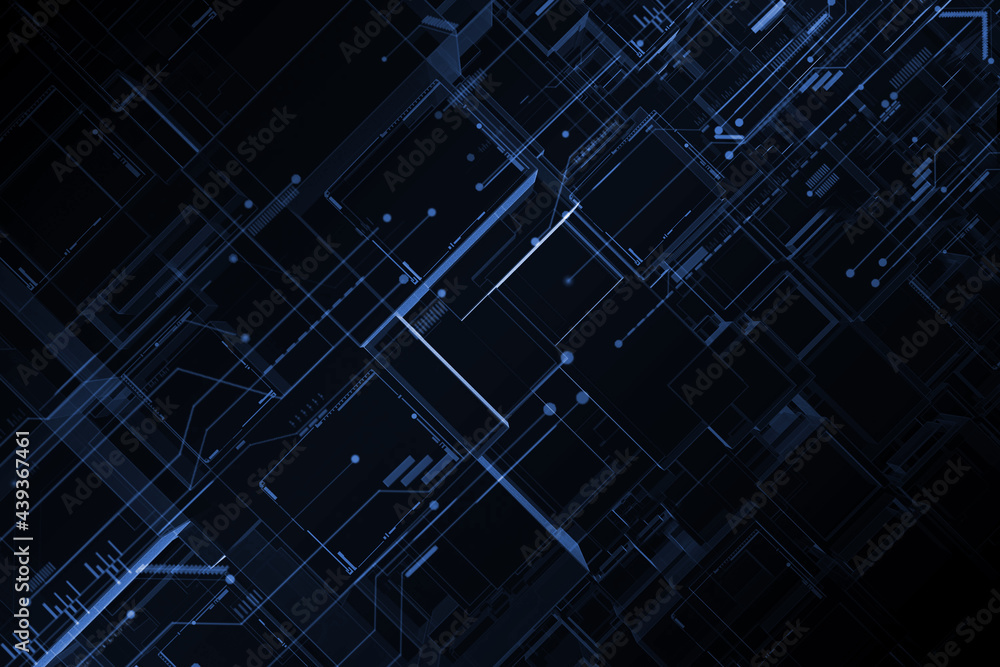 Poster abstract dark blue technology backgound with digital element circuit on black modern tech patterns.