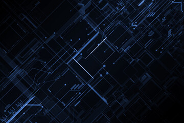 Abstract dark blue technology backgound with digital element circuit on black modern tech patterns.