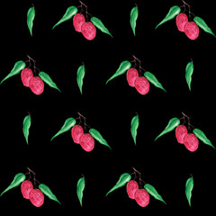 Lychee tropical fruits on a black background. Seamless pattern. Fresh exotic berries. Harvesting. Vegetarian food. Watercolor illustration. For printing on fabric.