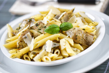 Pasta with Artichokes, Cheese and Herbs. High quality photo.