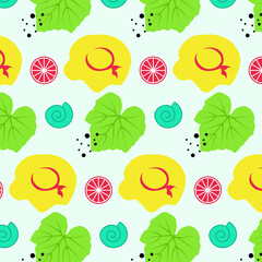Summer seamless pattern with beach hat, tropical leaf, grapefruit, snail for scarfs, textile fabric