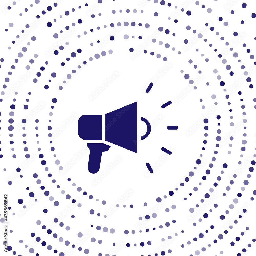 Poster blue megaphone icon isolated on white background. speaker sign. abstract circle random dots. vector