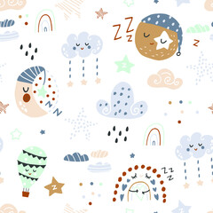 Seamless childish pattern with sleeping moon, planets, rainbow, stars. Vector illustration