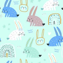 Seamless childish modern pattern with cute hand drawn rabbits. Creative kids hand drawn texture for fabric, wrapping, textile, wallpaper, apparel. Vector illustration