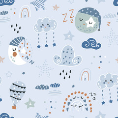 Seamless childish pattern with cute bears, rainbow, stars, moon. Creative scandinavian kids texture for fabric, wrapping, textile, wallpaper, apparel. Vector illustration
