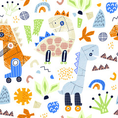 Childish seamless pattern with hand drawn dinosaurs robots. Creative vector childish background for fabric, textile