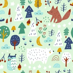 Foto auf Acrylglas Fuchs Waldnahtloses Muster mit Bären, Fuchs, Eule und Eichhörnchen. Trendige Waldtextur, perfekt für Textilien, Stoffe, Bekleidung, Tapeten. Vektorillustration