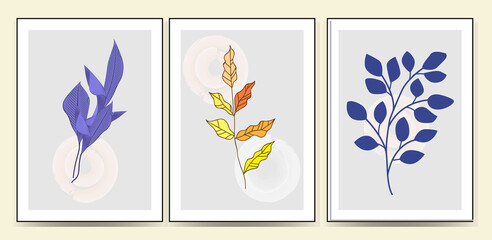 Set of minimalism botanical vector illustration as abstraction composition with leaves. ideal for art gallery. modern wall art poster. minimal interior design