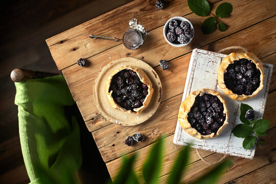 Blackberry biscuit, seasonal summer pastry, top view, flat lay