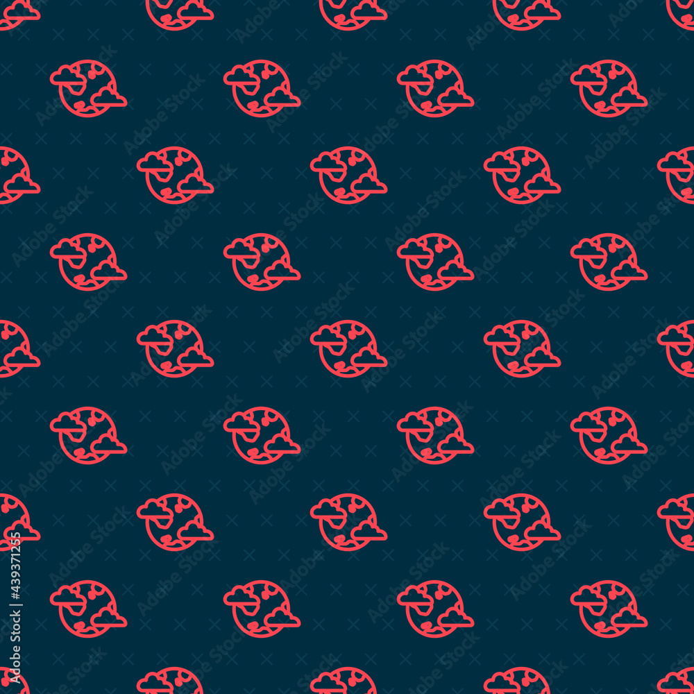 Poster red line earth planet with clouds icon isolated seamless pattern on black background. earth globe wi