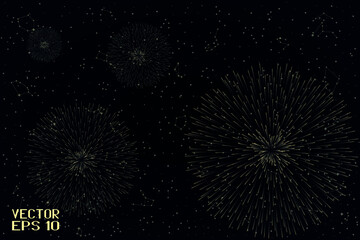 Abstract Panoramic Sky Map of Hemisphere. Exploding Holiday Fireworks. Constellations on Night Starry Background. Vector. 3D Illustration
