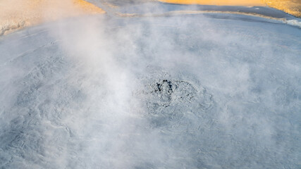 Hverir Myvatn geothermal area with natural steam vents and mud pools all around Lake Myvatn, the...