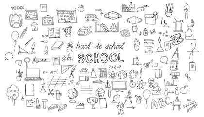 Free hand drawing of school objects set on white background. Back to school. Simple flat vector illustration