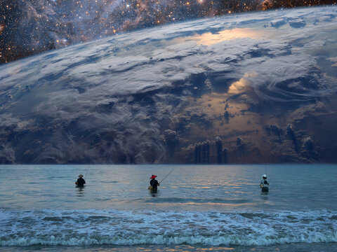 Surreal collage. Fishermen in blue water on the background of the planet earth in space