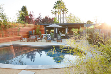 Back yard swimming pool at sunset