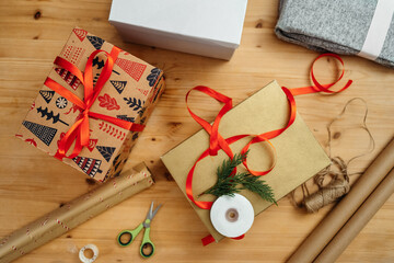 From above christmas presents on a table