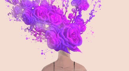 violet, purple, abstract, acrylic, art, artwork, beautiful, beauty, bloom, blossom, colorful, concept, conceptual, design, dream, dreamlike, face, fantasy, fashion, female, floral, flower, freedom, gi