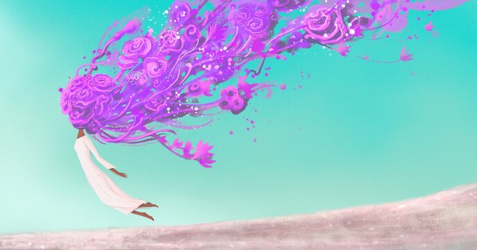 Flying woman with flowers head. concept painting of nature and freedom, surreal artwork, conceptual illustration
