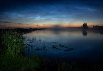morning landscape with fog on the bank of the Ural river, Russia