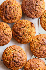 Homemade delicious vegan pumpkin muffins flat lay. Pumpkin muffins, healthy vegan snack