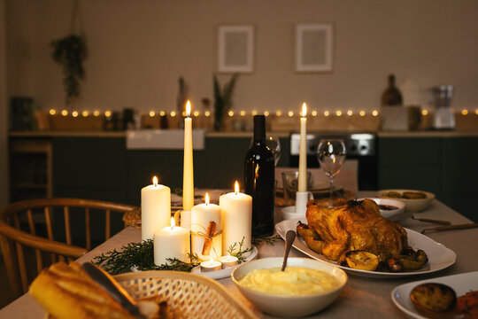 Served table setting for Christmas dinner at home
