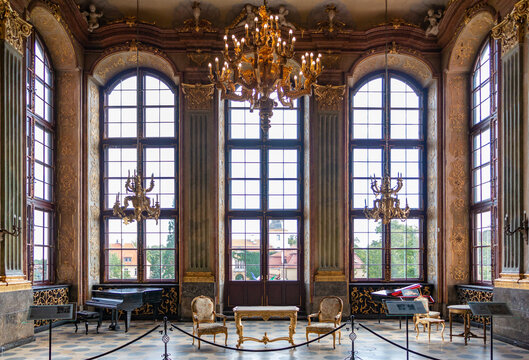 Wałbrzych, Poland - September 13, 2017: A picture of a nicely decorated music room inside the Książ Castle.