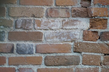 Photo of the texture. A section of 19th-century brickwork. The surface is severely damaged by time and repair attempts. Colors: red, white, brown.