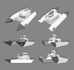 Set , collection with cruise catamaran 3d models good for travel and tourism ads, books, good for travel tourism brochure. Isolated - obrazy, fototapety, plakaty