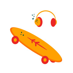 Skateboard and music headphones. Listen to music and ride. Isolated. Vector illustration