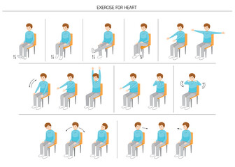 Set Of Man Sitting On Chair And Moving Body For Good Health, Exercise For Healthy Heart, Injection