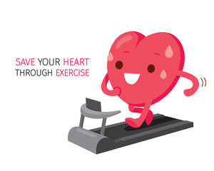 Heart Cartoon Character Running On Treadmill And Save Your Heart Through Exercise Texts