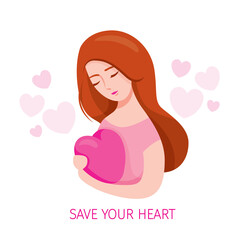 Woman Embracing Heart Shape And Taking Care Of Heart Shape With Tenderness
