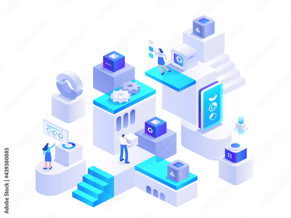 Poster cryptocurrency mining isometric concept. blockchain technology, bitcoin mining farm. people working 