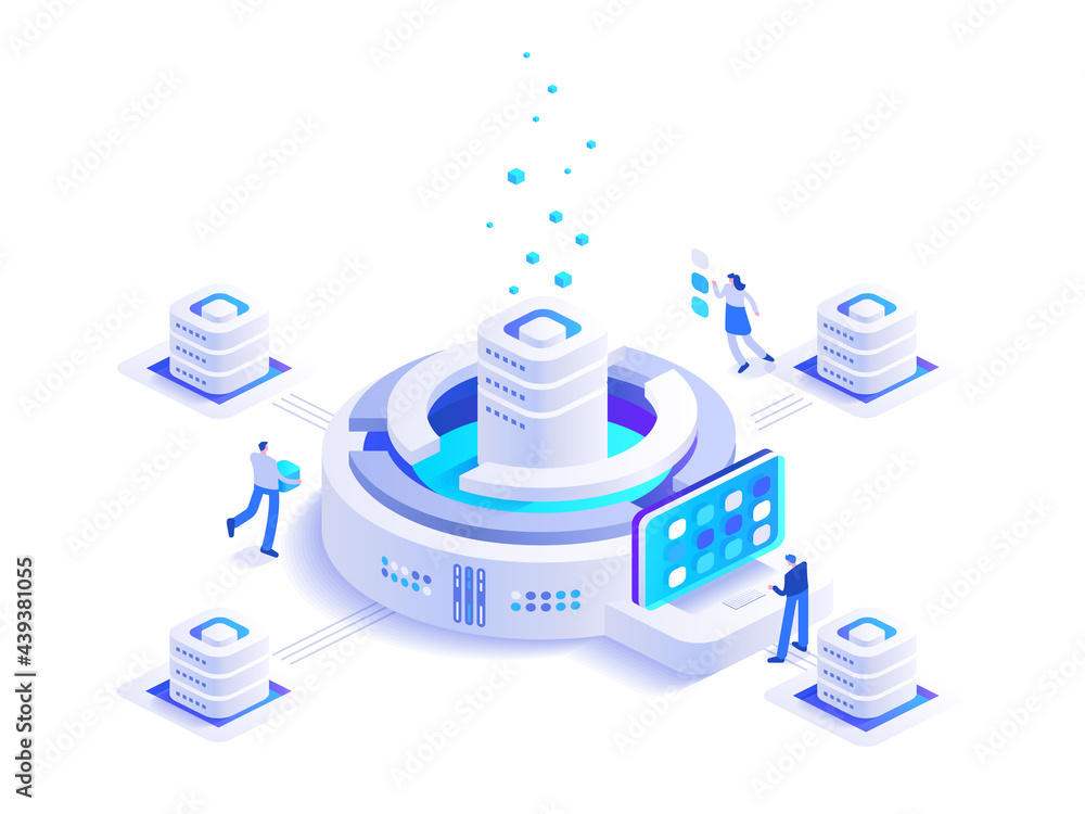 Poster cryptocurrency mining isometric concept. team works at digital money mining farm and blockchain tech