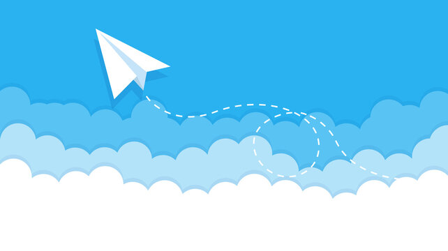 Flying paper plane on the blue sky vector icon