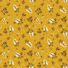 Cute seamless vector floral pattern. Seamless print made of small white flowers. Summer and spring motifs. Gold yellow background. Stock vector illustration.