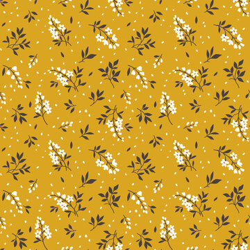 Cute seamless vector floral pattern. Seamless print made of small white flowers. Summer and spring motifs. Gold yellow background. Stock vector illustration.