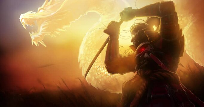The silhouette of a demonic samurai in a fighting stance, behind him a huge spirit of a golden dragon, They are allies bound by the magic of the sun, standing at sunset . looped 2d animation