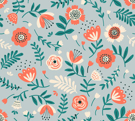 Folk seamless vector floral pattern. Endless print made of small white and orange flowers. Summer and spring motifs. Gray green background. Stock vector illustration.