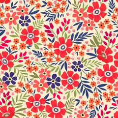 Beautiful vintage floral pattern in small flowers. Small red and coral flowers. White background. Liberty style print. Floral seamless background. The elegant the template for fashion prints.