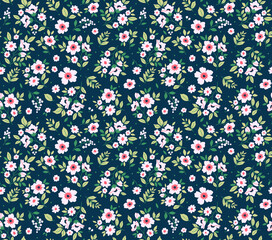 Cute seamless vector floral pattern. Vintage print made of small white flowers. Summer and spring motifs. Dark Blue background. Stock vector illustration.