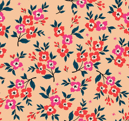 Vintage floral background. Floral pattern with small red and fuchsia flowers on a coral background. Seamless pattern for design and fashion prints. Ditsy style. Stock vector illustration.