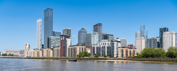 View of the Docklands Skyscrapers from the river Thames looking North East, London, UK