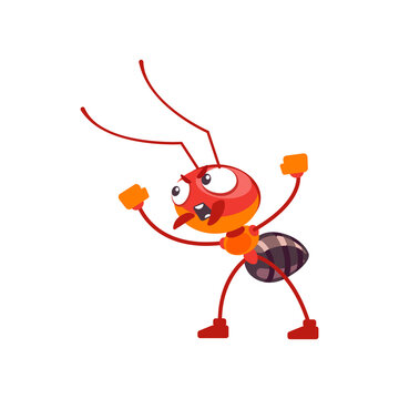 A cute ant character in a fighting pose screams and warns his friends about the alarm. Cartoon flat design vector illustration isolated on white background