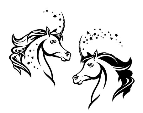 magic unicorn horse profile design - black and white vector animal head with flying mane and stars