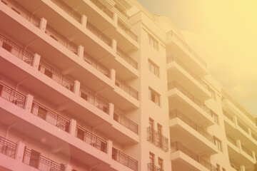A toned image of the facade of a new multi-storey building with original architecture in light gray tones against a sky with clouds. The house has windows and balconies with a fence.