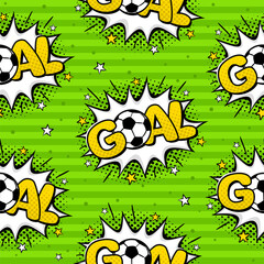 Seamless pattern with soccer ball and comic goal on a green field. Football balls in explosion and soccer striped grass field. Vector illustration for the design of sports posters, banners and design.