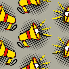 Comic seamless pattern with shout in popart style. Cartoon background for announcements, promotions, events, alerts. Vector megaphone illustration.