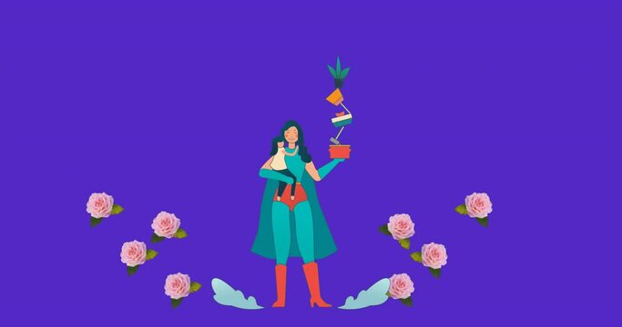 Animation of superhero mum with daughter and plants flowers moving in hypnotic motion purple