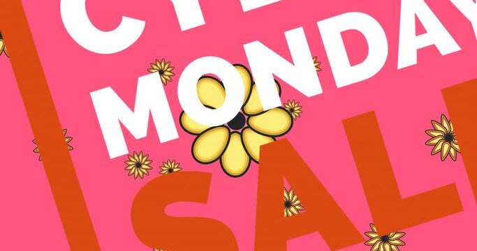 Animation of cyber monday sale text over flowers moving in hypnotic motion